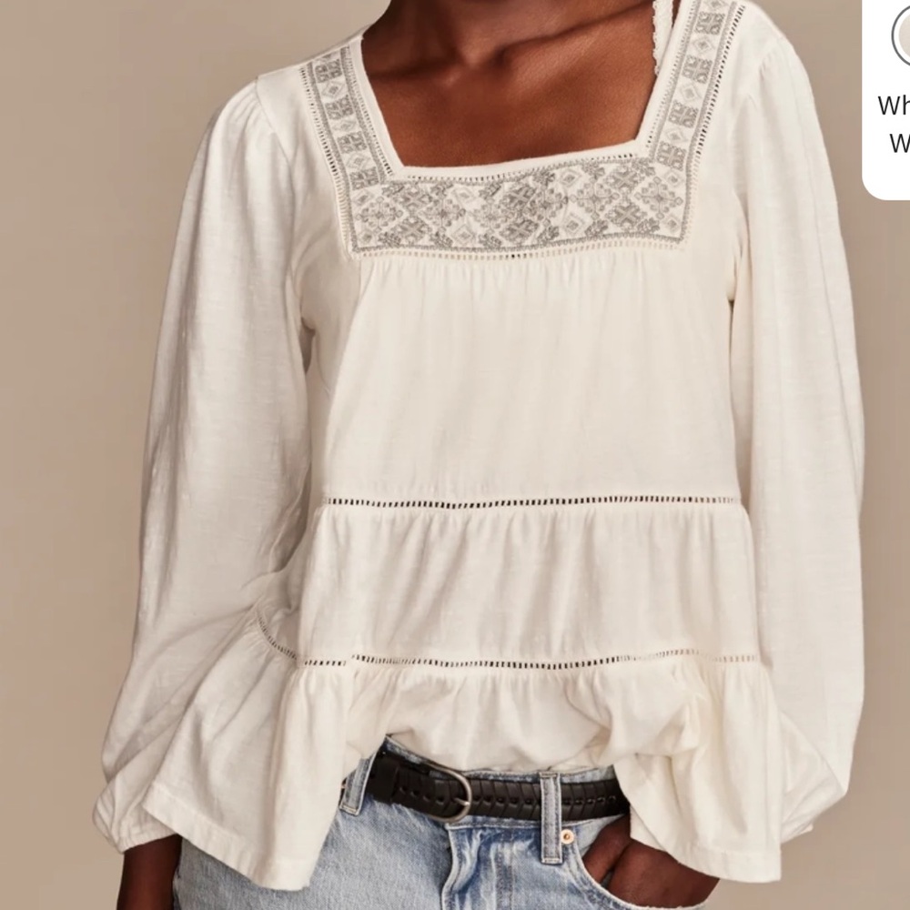 Lucky Brand Square Neck Embroidered Peasant Top